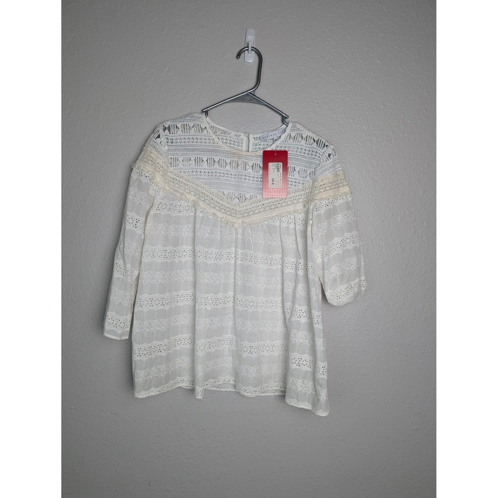 Endless Rose Blouse Womens Medium White Cotton Eyelet Lace Sheer 3/4 Sleeve Top